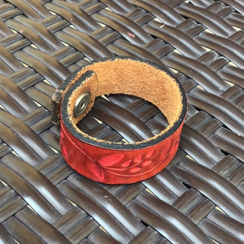 Red Stamped Leather Bracelet with Snap Closure